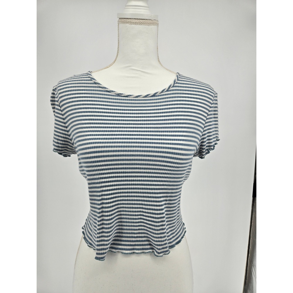 Full Tilt Womens XL Blue White Striped Ribbed Lettuce Trim Short Sleeve Crop Top